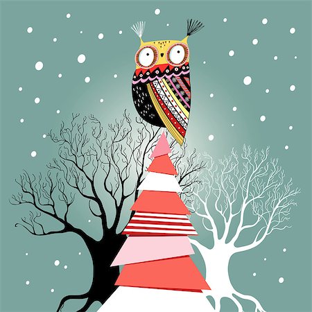 designs birds - graphic beautiful Christmas card with an owl on the tree on a green background with snow Stock Photo - Budget Royalty-Free & Subscription, Code: 400-06870169