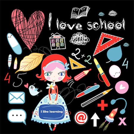 season vector - cheerful schoolgirl and graphics school set on a dark background Stock Photo - Budget Royalty-Free & Subscription, Code: 400-06880738