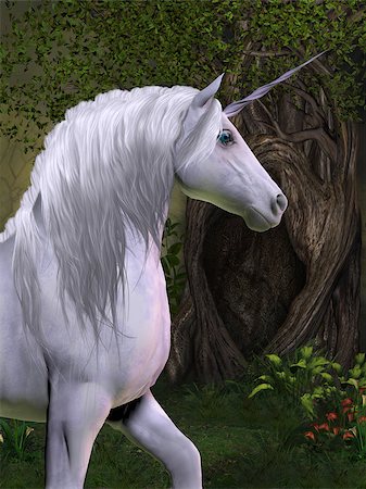 A unicorn buck prances in the magical forest full of beautiful flowers and trees. Stock Photo - Budget Royalty-Free & Subscription, Code: 400-06892046