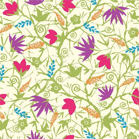 Vector painted blossoming branches seamless pattern background  with hand drawn elements Stock Photo - Budget Royalty-Free & Subscription, Code: 400-06914171