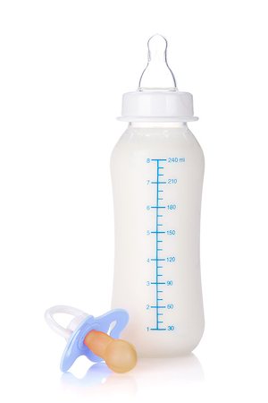 simsearch:400-06751007,k - Baby bottle with milk and pacifier for boy. Isolated on white background Stock Photo - Budget Royalty-Free & Subscription, Code: 400-06914608