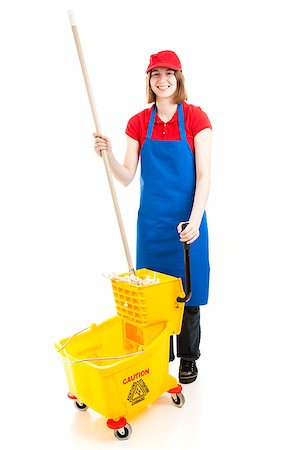 Teenage worker in uniform, with a mop and bucket.  Full Body isolated on white. Stock Photo - Budget Royalty-Free & Subscription, Code: 400-06926942