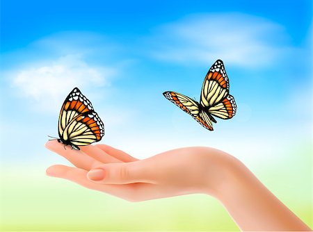 simsearch:400-06912266,k - Hand holding a butterflies against a blue sky. Vector illustration. Stock Photo - Budget Royalty-Free & Subscription, Code: 400-06928920