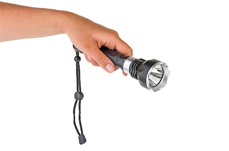 Hand hold powerful LED flashlight isolated on the white background Stock Photo - Budget Royalty-Free & Subscription, Code: 400-06929240