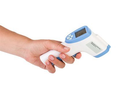 Hand hold a non-contact IR body thermometer isolated on white background Stock Photo - Budget Royalty-Free & Subscription, Code: 400-06929241