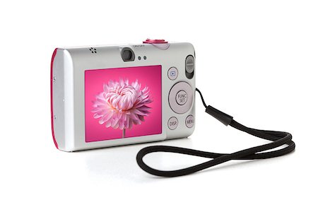 simsearch:400-04294580,k - Compact digital camera with pink flower on display. Isolated on white background Stock Photo - Budget Royalty-Free & Subscription, Code: 400-06921200