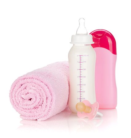 simsearch:400-06751007,k - Baby milk bottle, pacifier, shampoo and towel. Isolated on white background Stock Photo - Budget Royalty-Free & Subscription, Code: 400-06922294