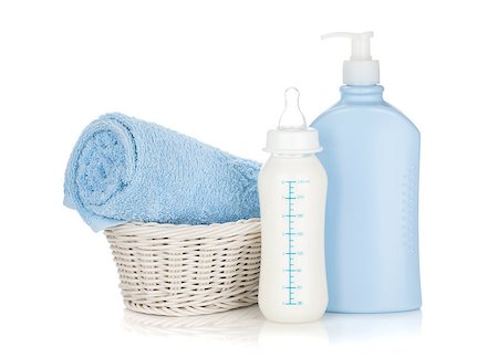 simsearch:400-06751007,k - Baby milk bottle, shampoo and towel. Isolated on white background Stock Photo - Budget Royalty-Free & Subscription, Code: 400-06922290