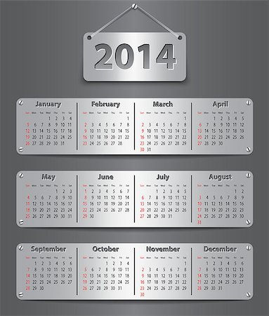 simsearch:400-07215674,k - Calendar for 2014 year attached with metallic tablets. Vector illustration Stock Photo - Budget Royalty-Free & Subscription, Code: 400-06944662