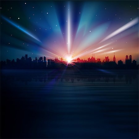 abstract blue background with silhouette of New York and sunrise Stock Photo - Budget Royalty-Free & Subscription, Code: 400-06945958
