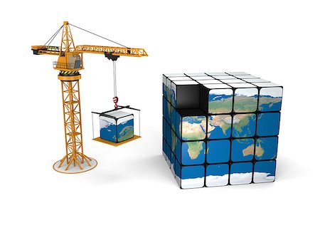 Concept of crane building Earth made of cubes, isolated on white background. Elements of this image furnished by NASA. Stock Photo - Budget Royalty-Free & Subscription, Code: 400-06947982