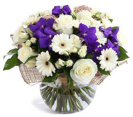purple floral arrangement - Flower arrangement in glass, transparent vase: White roses, purple orchids, white gerbera daisies, green peas. Isolated on white background. Floristic composition, design a bouquet, floral arrangement. Violet orchids. Stock Photo - Budget Royalty-Free & Subscription, Code: 400-06949674