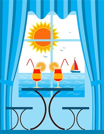 simsearch:400-05944023,k - vector summer cocktails and sailboat floating on the sea outside the window, Adobe Illustrator 8 format Stock Photo - Budget Royalty-Free & Subscription, Code: 400-06952385