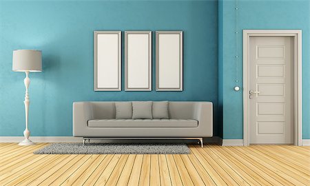 simsearch:400-07513835,k - Blue and grey living room with modern sofa and closed door - rendering Foto de stock - Super Valor sin royalties y Suscripción, Código: 400-06952884