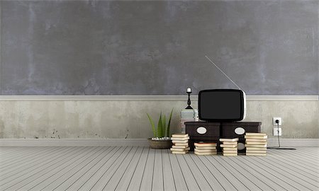 empty old living room - Empty vintage room with old television,books and boxes Stock Photo - Budget Royalty-Free & Subscription, Code: 400-06952890