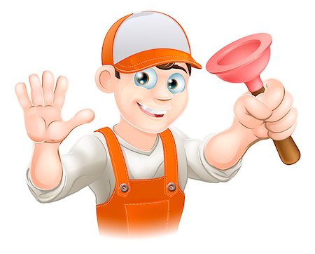 engineers hat cartoon - A cartoon plumber holding plunger and smiling and waving Stock Photo - Budget Royalty-Free & Subscription, Code: 400-07034399