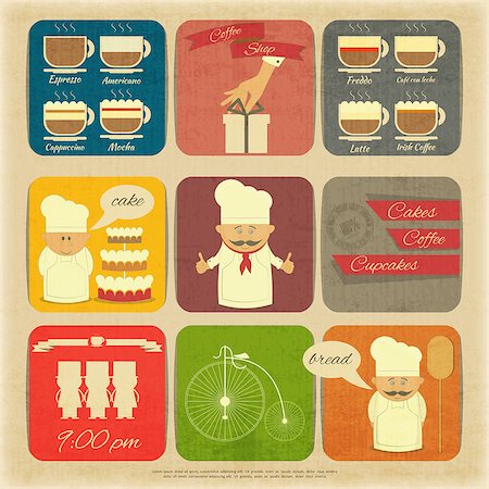 retro chef - Retro Cover Menu for Cafe in Vintage Style with Types of Coffee Drinks and Graphics Icons. Vector Illustration. Stock Photo - Budget Royalty-Free & Subscription, Code: 400-07035225
