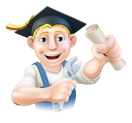 engineers hat cartoon - Professional training or learning or being qualified concept. Plumber or mechanic with wrench and mortar board graduate cap and diploma certificate or other qualification. Stock Photo - Budget Royalty-Free & Subscription, Code: 400-07046902
