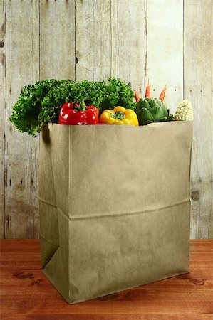 Bagged Grocery Produce Items on a Wooden Plank Stock Photo - Budget Royalty-Free & Subscription, Code: 400-07048442