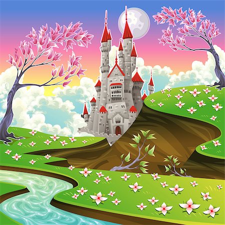 fairy tale castle on a hill - Panorama with castle. Cartoon and vector illustration. Stock Photo - Budget Royalty-Free & Subscription, Code: 400-07048559