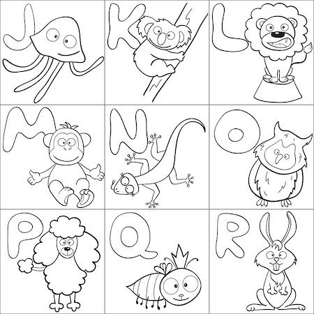 Outlined cute cartoon animals and alphabet from J to R for coloring book Stock Photo - Budget Royalty-Free & Subscription, Code: 400-07048551