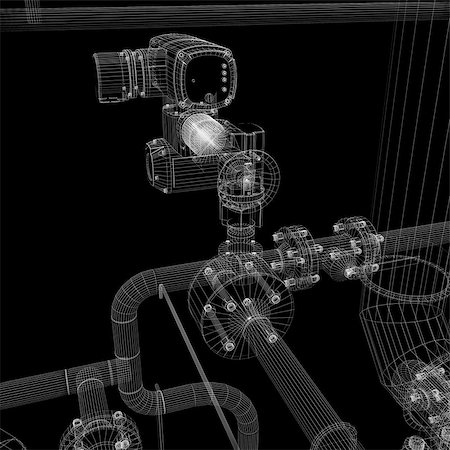 Industrial equipment. Wire-frame render isolated on a black background Stock Photo - Budget Royalty-Free & Subscription, Code: 400-07048812