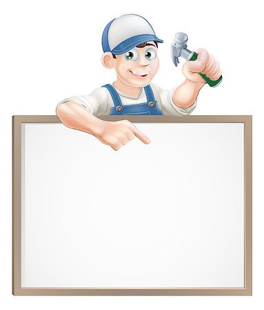 engineers hat cartoon - A carpenter or builder holding a claw hammer and peeking over a sign and pointing Foto de stock - Super Valor sin royalties y Suscripción, Código: 400-07049164