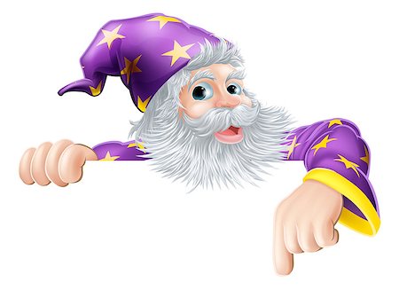 An illustration of a wizard cartoon character peeping over sign and pointing Stock Photo - Budget Royalty-Free & Subscription, Code: 400-07043438