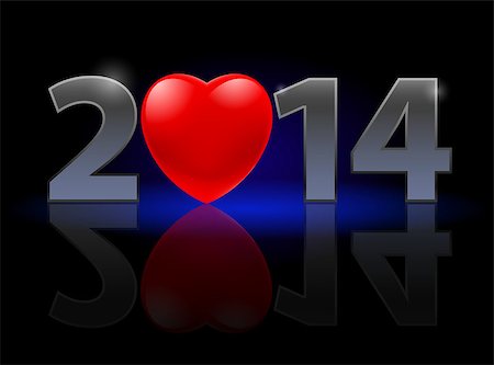 New Year 2014: metal numerals with red heart instead of zero having weak reflection. Illustration on black background. Stock Photo - Budget Royalty-Free & Subscription, Code: 400-07054117