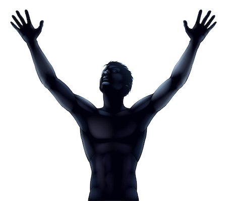 An illustration of a man in silhouette hands and arms raised stretching up to the sky in praise or joy Stock Photo - Budget Royalty-Free & Subscription, Code: 400-07054208