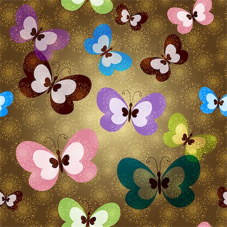 simsearch:400-05741762,k - Brown seamless spring pattern with transparent colorful butterflies and lacy gold flowers (vector EPS 10) Stock Photo - Budget Royalty-Free & Subscription, Code: 400-07054695
