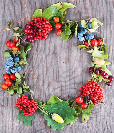 Autumn berry wreath on old dark wooden background Stock Photo - Budget Royalty-Free & Subscription, Code: 400-07054871