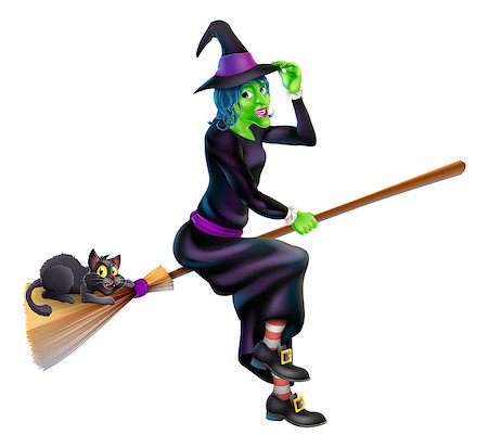 A friendly cartoon Halloween witch flying on her broom stick with her cute black cat Stock Photo - Budget Royalty-Free & Subscription, Code: 400-07054989