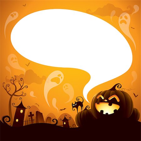 Halloween design: Jack-o-lantern with speech bubble, ghosts hovering on the sky.    Illustration contains a transparency blends/gradients, AI EPS10 vector file. Stock Photo - Budget Royalty-Free & Subscription, Code: 400-07056259