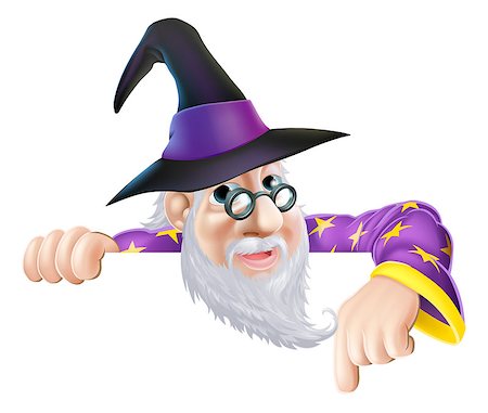 An illustration of a wizard cartoon character peeking over a sign or banner and pointing down Stock Photo - Budget Royalty-Free & Subscription, Code: 400-07050590