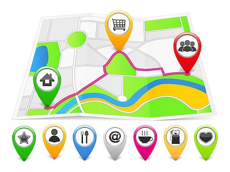 Map markers with different icons on the abstract map, vector eps10 illustration Stock Photo - Budget Royalty-Free & Subscription, Code: 400-07051038