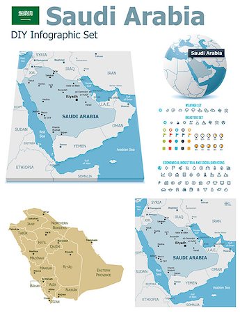 Set of the political Saudi Arabia maps, markers and symbols for infographic Stock Photo - Budget Royalty-Free & Subscription, Code: 400-07052826