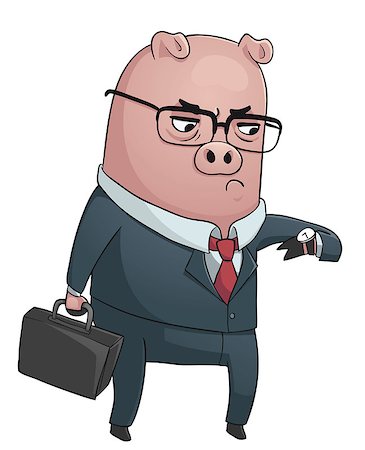 Vector illustration of a business pig wearing a suit, holding a suitcase and looking at its watch. Photographie de stock - Aubaine LD & Abonnement, Code: 400-07053181