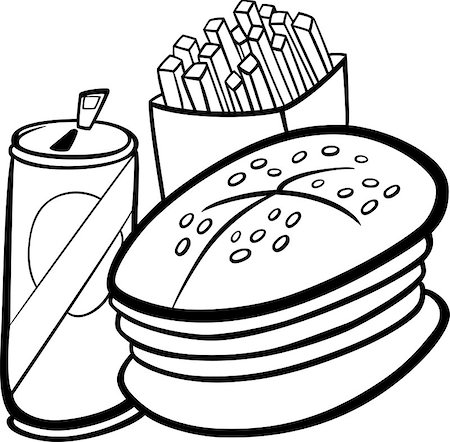 food in the restaurant cartoon - Black and White Cartoon Illustration of Fast Food Set with Hamburger and French Fries and Soda Clip Art for Coloring Book Stock Photo - Budget Royalty-Free & Subscription, Code: 400-07061038