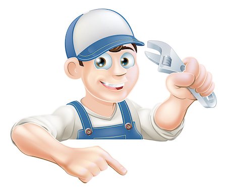 engineers hat cartoon - A cartoon plumber or mechanic with a wrench peeking over sign or banner and pointing at it Stock Photo - Budget Royalty-Free & Subscription, Code: 400-07061416