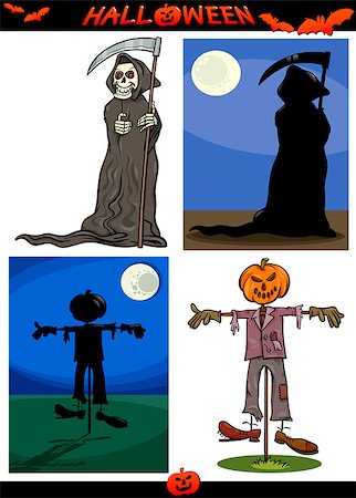simsearch:700-00262810,k - Cartoon Illustration of Halloween Holiday Themes like Death Grim Reaper or Scarecrow and Pumpkin Stock Photo - Budget Royalty-Free & Subscription, Code: 400-07062036