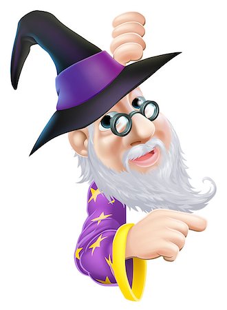 A cartoon wizard character peeping round a sign or banner and pointing Stock Photo - Budget Royalty-Free & Subscription, Code: 400-07062186
