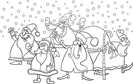 simsearch:400-08708552,k - Black and White Cartoon Illustration of Santa Claus Characters Group at Christmas Eve for Coloring Book Stock Photo - Budget Royalty-Free & Subscription, Code: 400-07062653