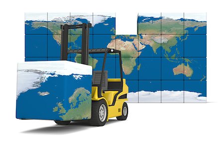 Concept of global transportation, modern yellow forklift carrying piece of global map, isolated on white background. Elements of this image furnished by NASA. Stock Photo - Budget Royalty-Free & Subscription, Code: 400-07087798