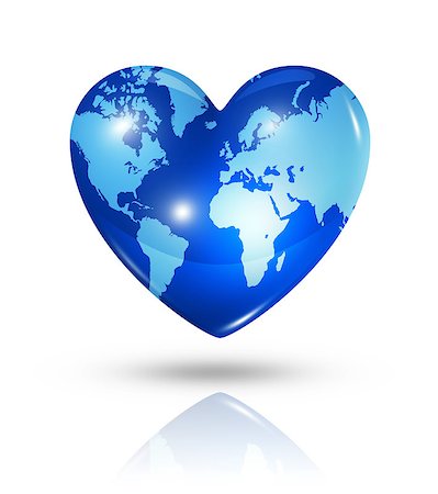 simsearch:400-07680047,k - Love earth symbol. 3D world map in a heart. Icon isolated on white with clipping path Stock Photo - Budget Royalty-Free & Subscription, Code: 400-07096610
