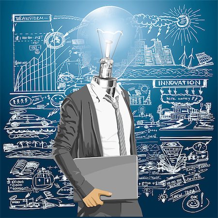 symbol for intelligence - Vector Idea and concept. Lamp head business man with laptop in his hands. All layers well organised and easy to edit Stock Photo - Budget Royalty-Free & Subscription, Code: 400-07097534