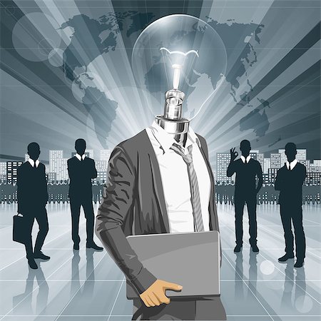 symbol for intelligence - Vector Idea and concept. Lamp head business man with laptop in his hands. All layers well organised and easy to edit Stock Photo - Budget Royalty-Free & Subscription, Code: 400-07097531