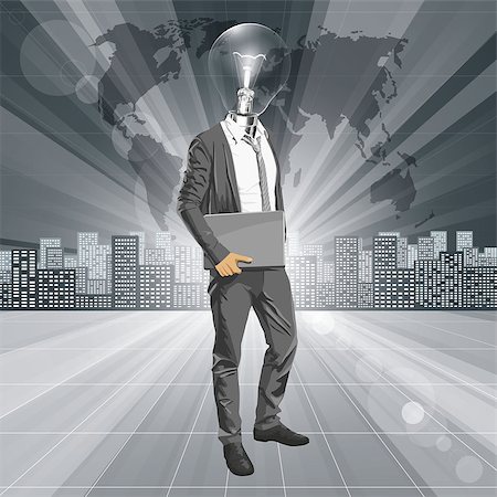 symbol for intelligence - Vector Idea and concept. Lamp head business man with laptop in his hands. All layers well organised and easy to edit Stock Photo - Budget Royalty-Free & Subscription, Code: 400-07097532