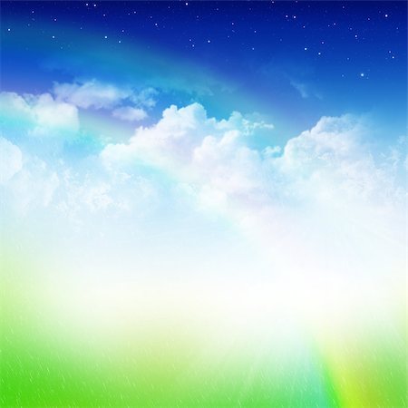 simsearch:400-06141235,k - Cloudy blue sky with stars, double rainbow, rain and green field abstract background Stock Photo - Budget Royalty-Free & Subscription, Code: 400-07090657