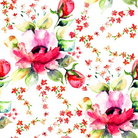 rose designs patterns - Summer illustration of Roses flowers, seamless wallpapers Stock Photo - Budget Royalty-Free & Subscription, Code: 400-07091969